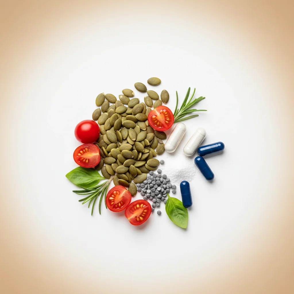Natural supplement ingredients: pumpkin seeds, ripe tomatoes, vitamin capsules and mineral pellets on a white surface