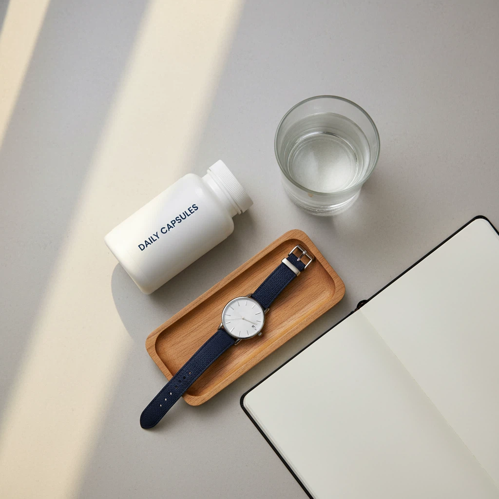 Morning wellness routine flatlay with supplement bottle, glass of water and notebook