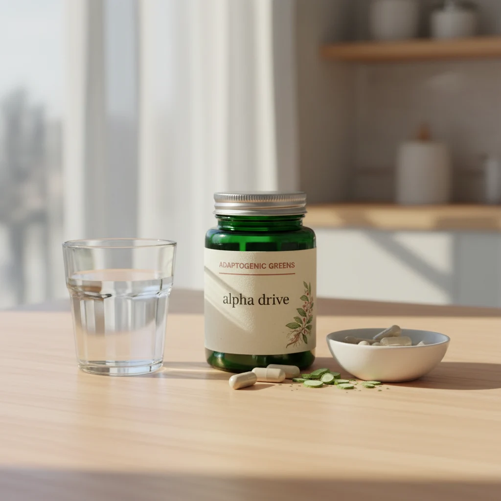 Alpha Drive supplement bottle with pumpkin seeds and green leaf on stone surface