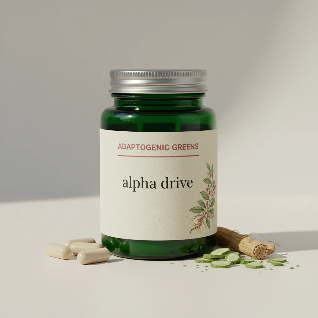 Alpha Drive food supplement bottle - white cylindrical design with blue hexagonal emblem